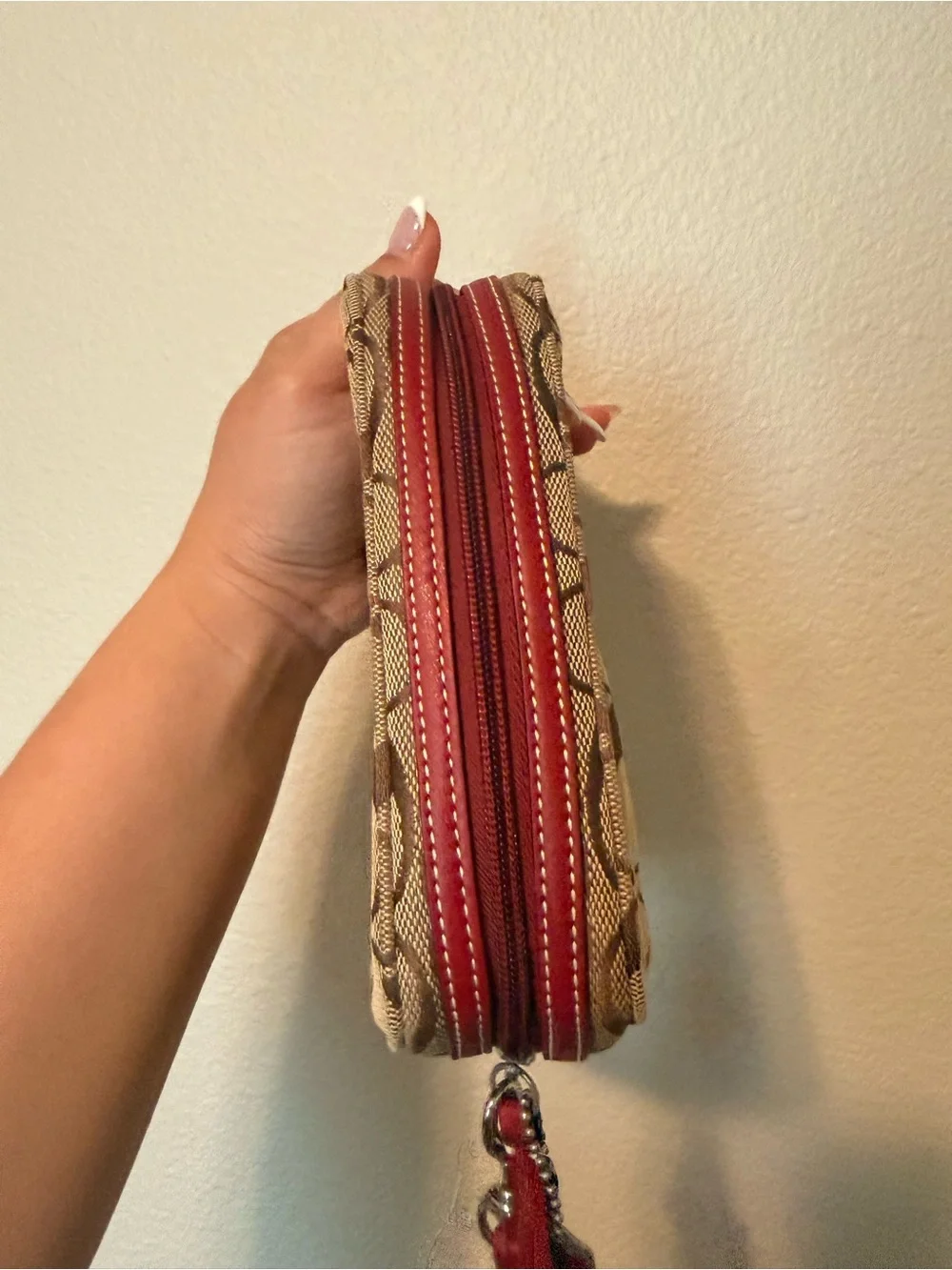 Coach Signature Canvas Wristlet in Brown with Red Strap - Picture 5 of 13